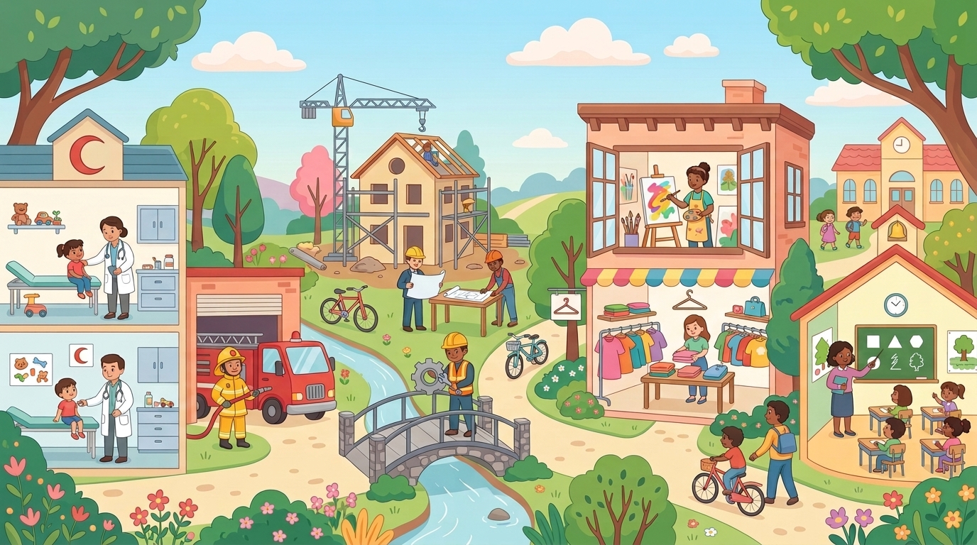 Une petite ville au travail : médecins, pompier, ingénieurs, architecte, artiste, vendeuse et enseignante